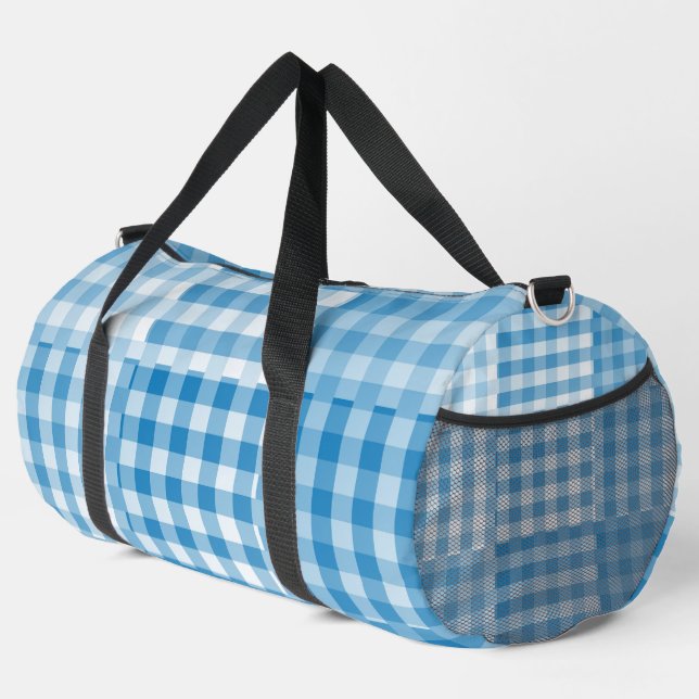 Blue Chequered Patchwork Pattern Large Duffle Bag (Right Corner)
