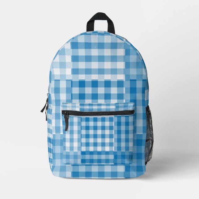 Blue Chequered Patchwork Pattern Printed Backpack (Front)