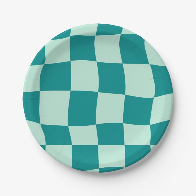 Blue Chequered Pattern Groovy Retro Paper Plate (Front)