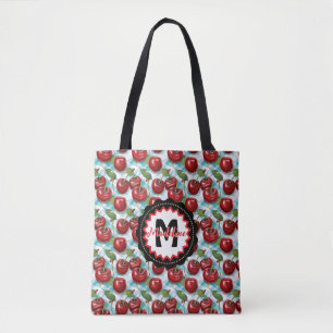 Blue Chequered Plaid Cherry Pattern Personalised Tote Bag