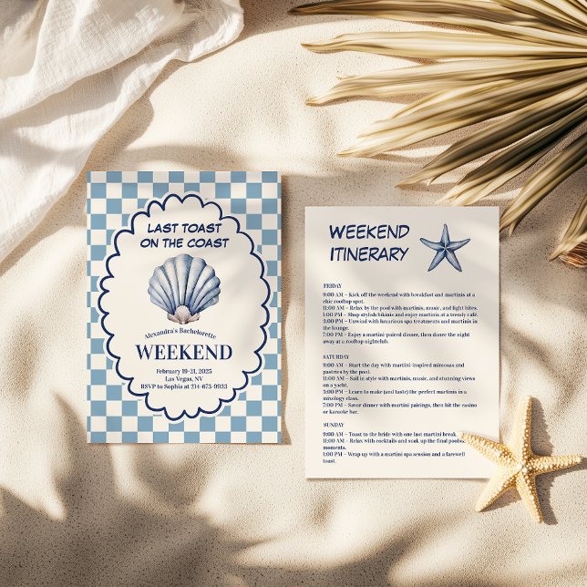 Blue Chequered Seashell Bachelorette Weekend Invitation (Creator Uploaded)