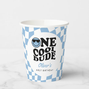 Blue Chequered Smile One Cool Dude 1st Birthday Paper Cups