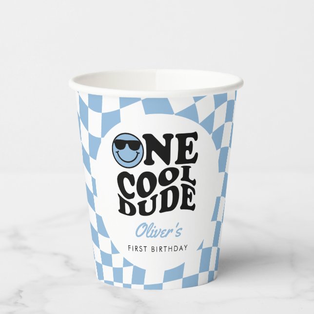 Blue Chequered Smile One Cool Dude 1st Birthday Paper Cups (Left)