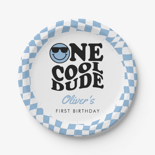 Blue Chequered Smile One Cool Dude 1st Birthday Paper Plate (Front)