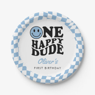 Blue Chequered Smile One Happy Dude 1st Birthday Paper Plate