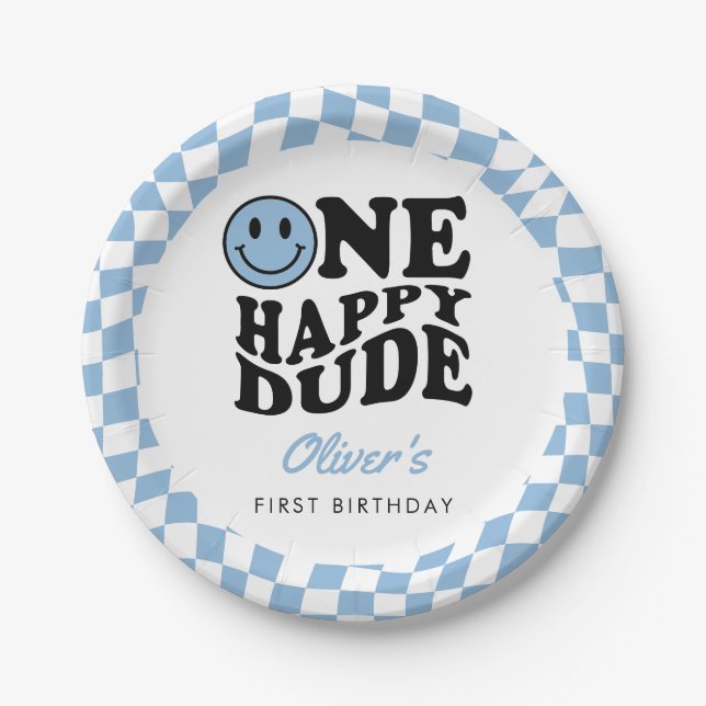 Blue Chequered Smile One Happy Dude 1st Birthday Paper Plate (Front)
