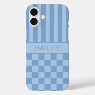 Blue Chequered Striped Personalised iPhone 16 Plus Case