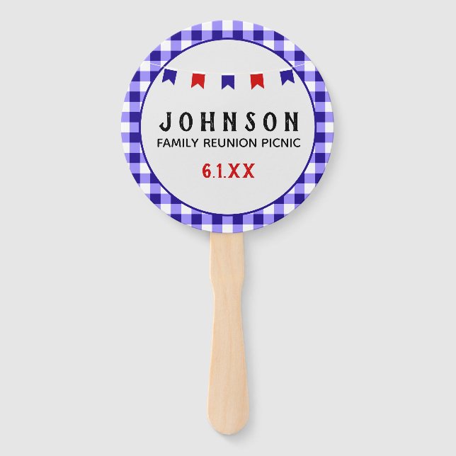 Blue Chequered Tablecloth Summer Picnic Reunion Hand Fan (Front)