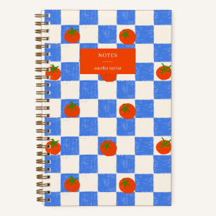 Blue Chequered Tomato Pattern Personalised Name Notebook