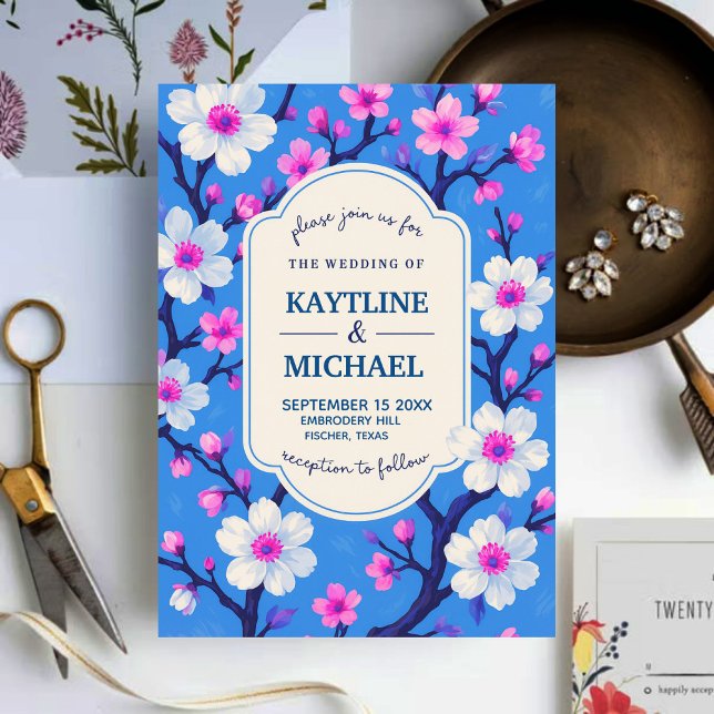 Blue Cherry Blossom Elegant Floral Romantic Spring Invitation (Creator Uploaded)