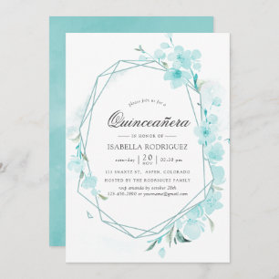 Blue Cherry Blossom Geometric Spring Quinceañera Invitation