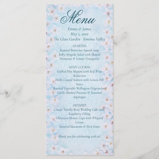Blue Cherry Blossom Wedding Menu Card (Front)