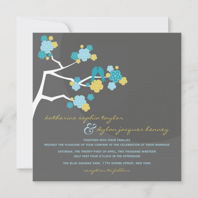 Blue Cherry Blossoms Love Birds Wedding Invite (Front)