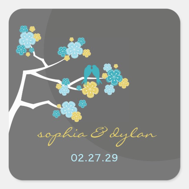 Blue Cherry Blossoms Love Birds Wedding Sticker (Front)