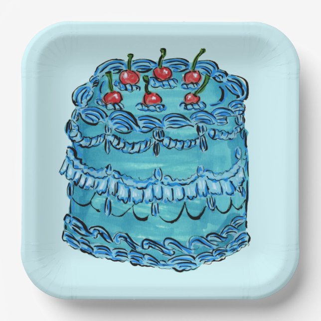 Blue Cherry Cake Paper Plate (Front)