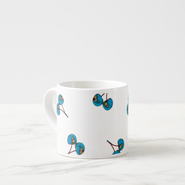 Blue Cherry Pattern Espresso Cup (Front Left)