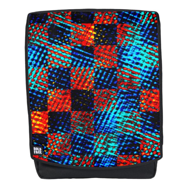 Blue chess, orange, fake dirty or stained backpack (Front)