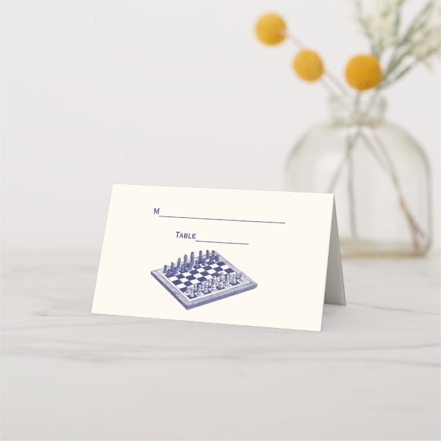 Blue Chess Set Chessboard Place Escort Card Ivory (Back)