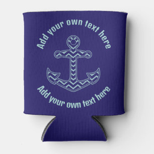 Blue Chevron Anchor Nautical Custom Text Can Cooler