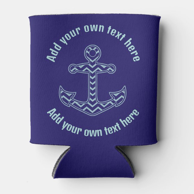 Blue Chevron Anchor Nautical Custom Text Can Cooler (Front)