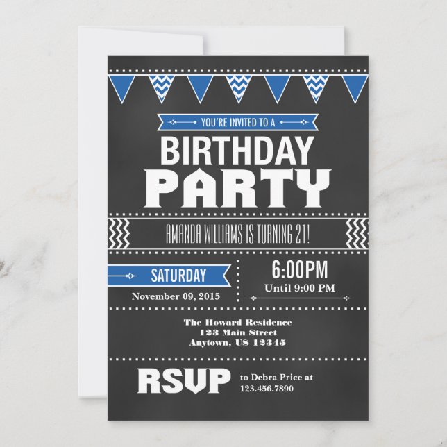 Blue Chevron Chalkboard Birthday Invitation (Front)