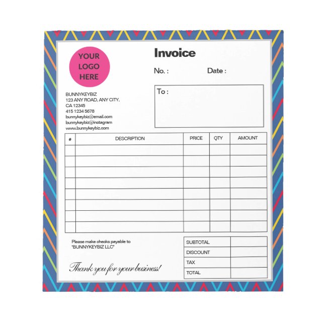 Blue Chevron Company Business Shop Invoice Notepad (Front)
