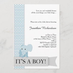 Blue Chevron Elephant Baby Shower Invitation