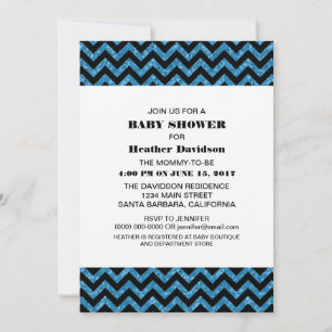 Blue Chevron Glitter Baby Shower Invite