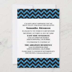 Blue Chevron Glitter Bat Mitzvah Invite