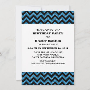 Blue Chevron Glitter Birthday Party Invite