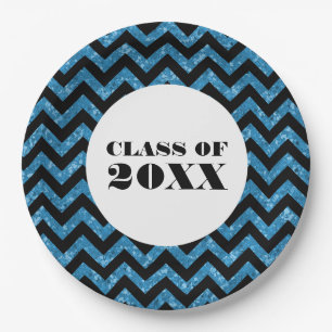 Blue Chevron Glitter Graduation Paper Plates