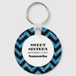 Blue Chevron Glitter Sweet 16 Keychain