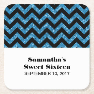 Blue Chevron Glitter Sweet 16 Paper Coasters