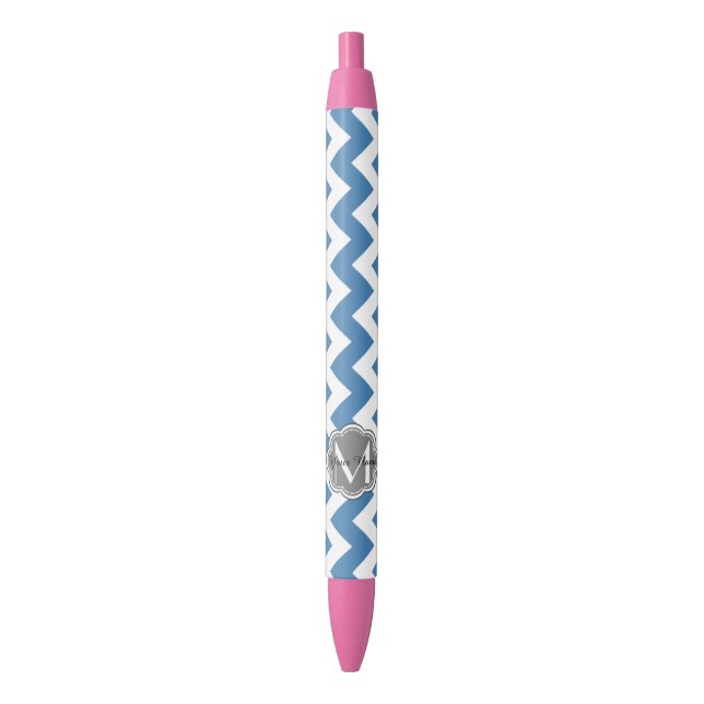 Blue Chevron, Grey Floral Custom Monogram Black Ink Pen (Front Vertical)