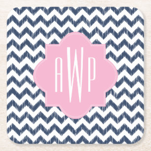 Blue Chevron Ikat Monogram Square Paper Coaster