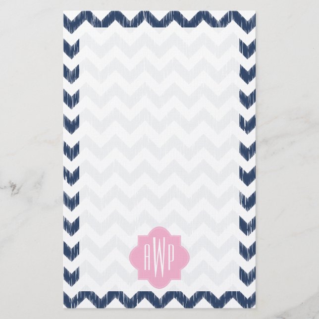 Blue Chevron Ikat Monogrammed Stationery Paper (Front)