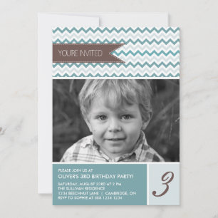 Blue Chevron Mod Photo Birthday Party Invitation