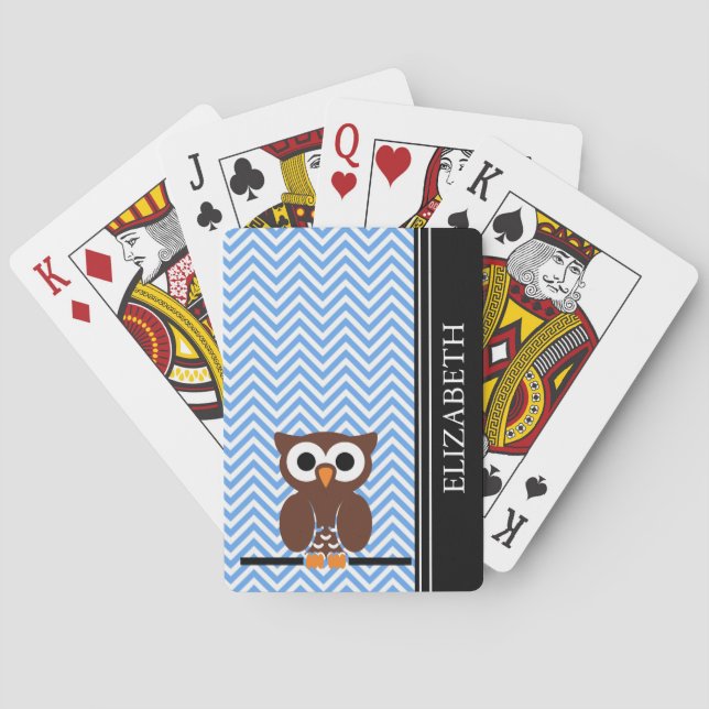 Blue Chevron Owl Monogram Name Custom Playing Cards (Back)