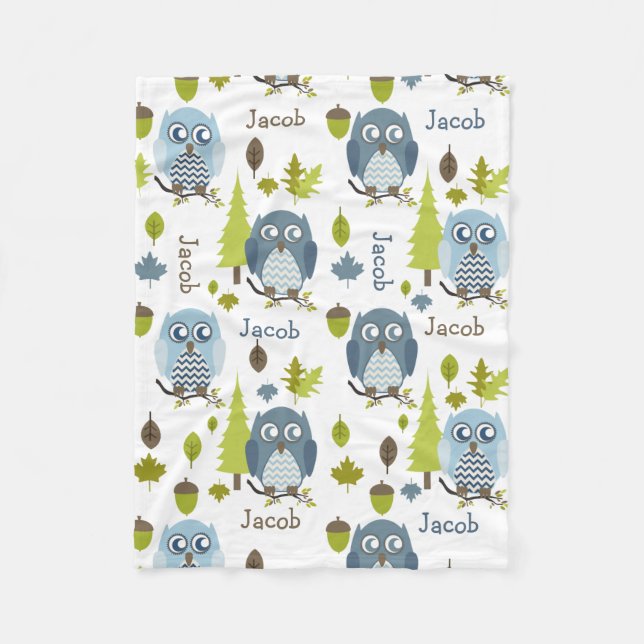 Blue Chevron Owls Personalised Fleece Blanket (Front)