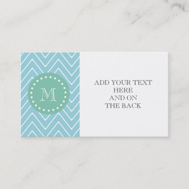 Blue Chevron Pattern | Mint Green Monogram Business Card (Front)