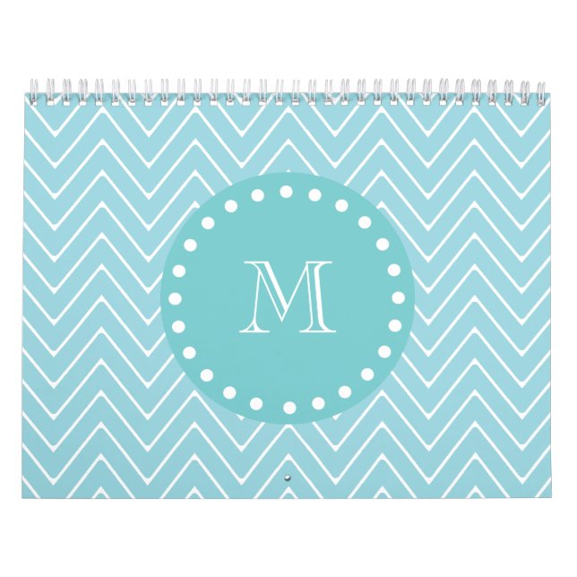 Blue Chevron Pattern | Teal Monogram Calendar (Cover)
