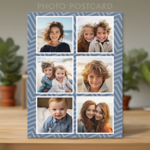 Blue Chevron Pattern with Trendy 6 Photo Collage Postcard
