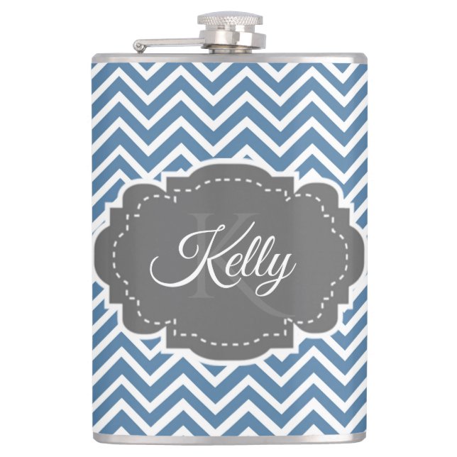 Blue Chevron Personalised Flask (Front)