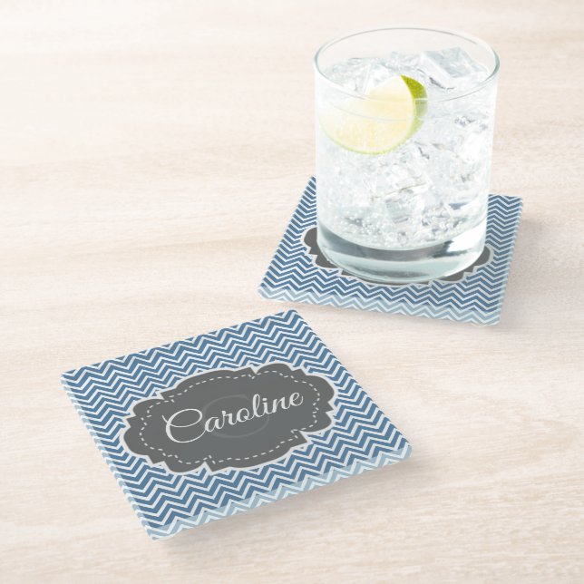 Blue Chevron Personalised Glass Coaster (Angled)