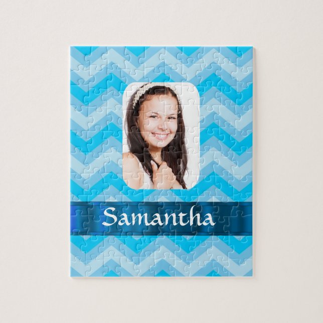 Blue chevron personalised photo template jigsaw puzzle (Vertical)