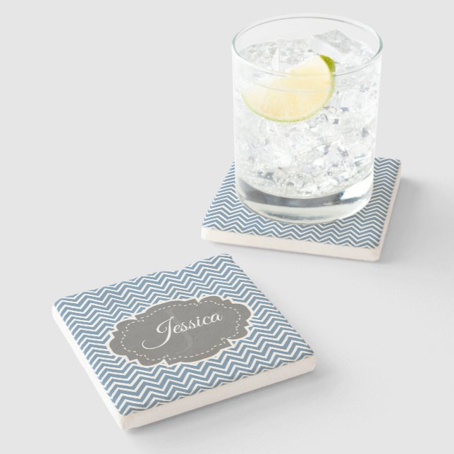 Blue Chevron Personalised Stone Coaster (Side)
