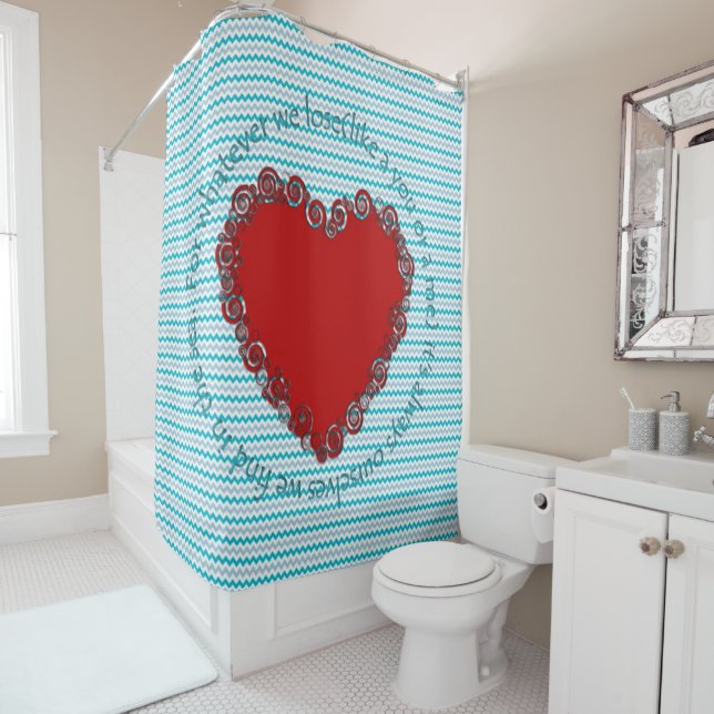 Blue Chevron Red Heart Sea Poem E.E. Cummings Shower Curtain (In Situ)