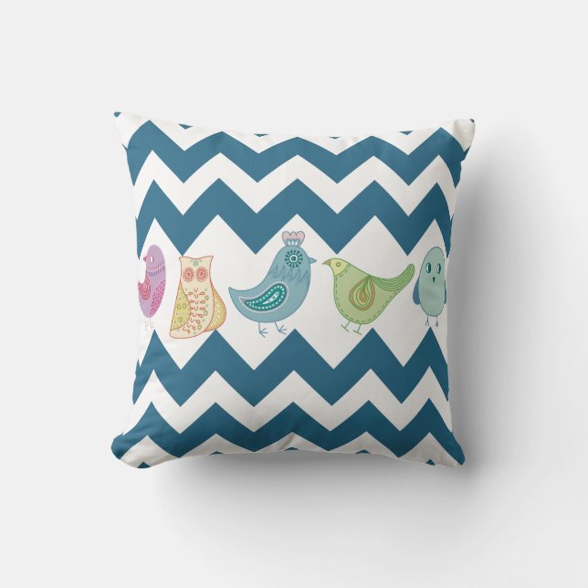 Blue Chevron Stripes Whimsical Cute Birds Owls Cushion (Front)