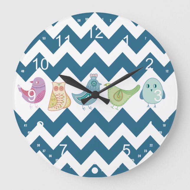 Blue Chevron Stripes Whimsical Cute Birds Owls Large Clock (Front)