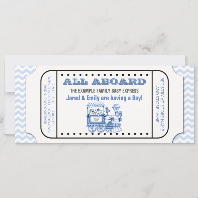 Blue Chevron Vintage Train Ticket Baby Shower Invitation (Front)